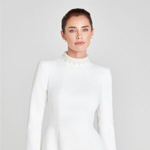 NADINE MERABI White Long Sleeve Dress with Pearl Details